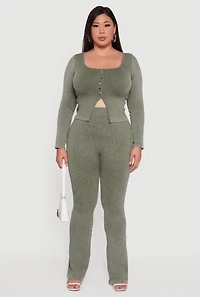 Womens Plus Size High Waisted Ribbed Knit Bootcut Leggings, Green, Size 2X-3X
