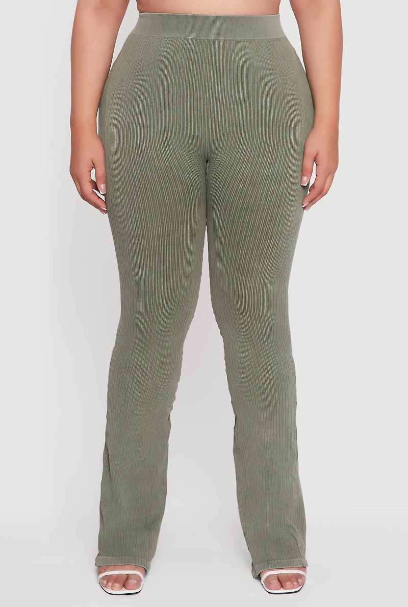 Womens Plus Size High Waisted Ribbed Knit Bootcut Leggings, Green, Size 2X-3X