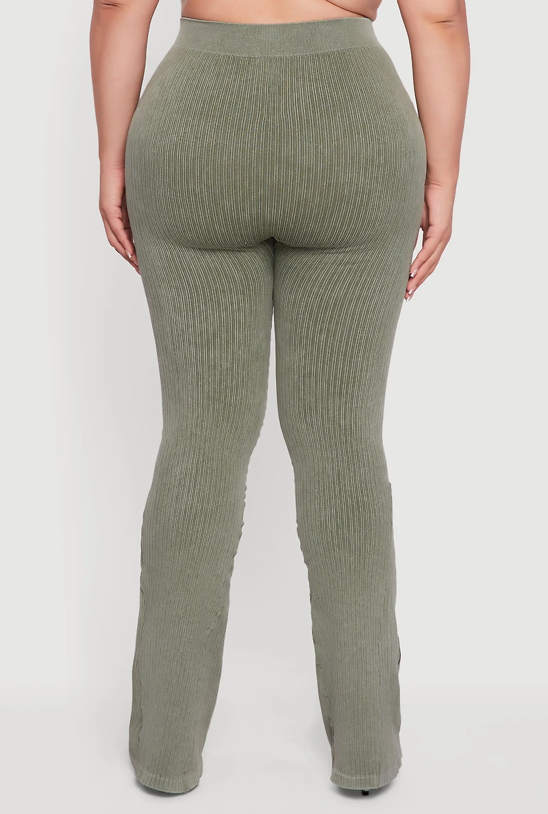 Womens Plus Size High Waisted Ribbed Knit Bootcut Leggings, Green, Size 2X-3X