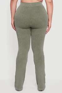 Womens Plus Size High Waisted Ribbed Knit Bootcut Leggings, Green, Size 1X-2X