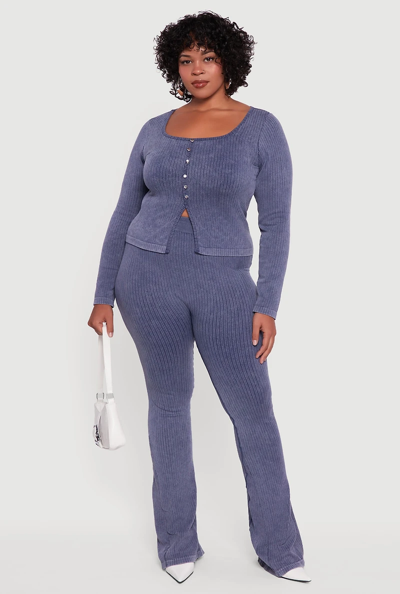 Womens Plus High Waisted Ribbed Knit Bootcut Leggings,