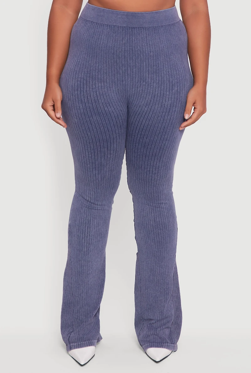 Womens Plus High Waisted Ribbed Knit Bootcut Leggings, 1X-2X