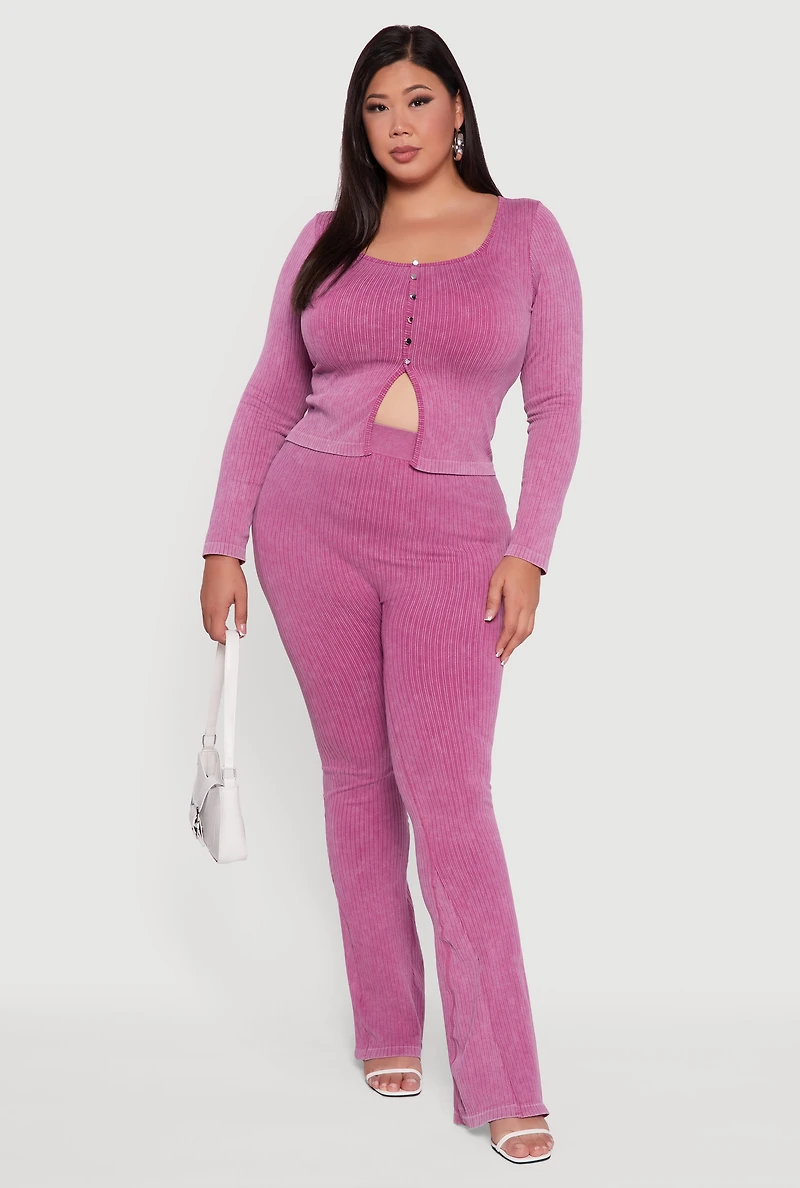 Womens Plus Size High Waisted Ribbed Knit Bootcut Leggings, Purple, Size 2X-3X
