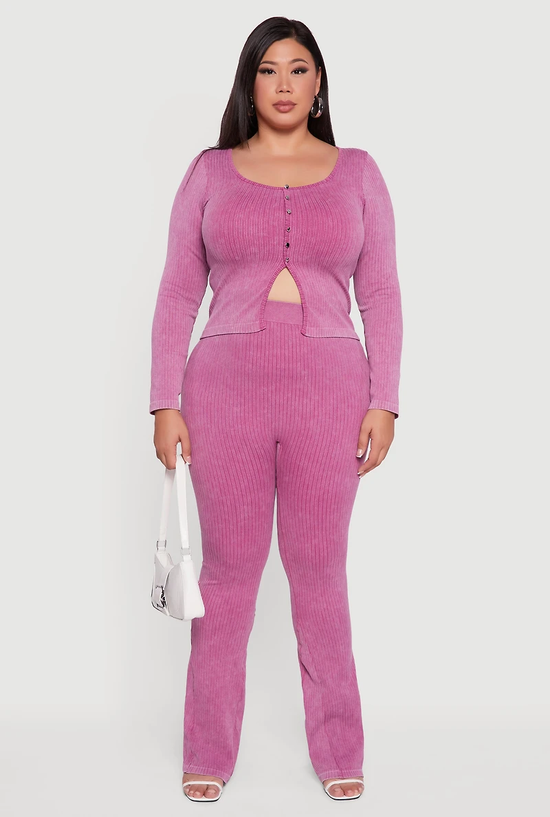 Womens Plus Size High Waisted Ribbed Knit Bootcut Leggings, Purple, Size 2X-3X