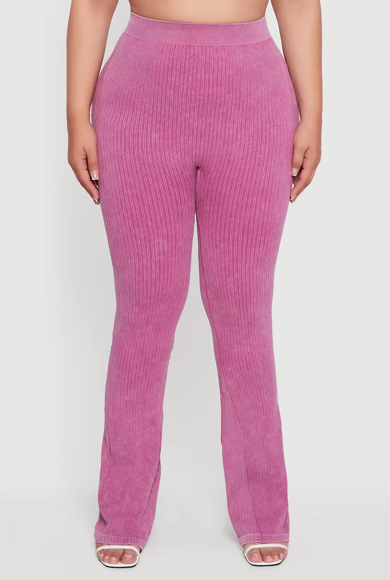 Womens Plus Size High Waisted Ribbed Knit Bootcut Leggings, Purple, Size 2X-3X