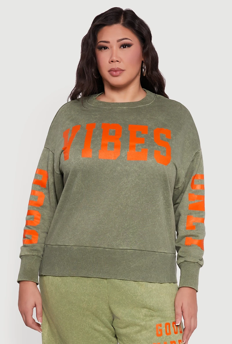 Plus Good Vibes Only Acid Wash Pullover Sweatshirt