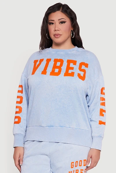 Plus Good Vibes Only Acid Wash Pullover Sweatshirt