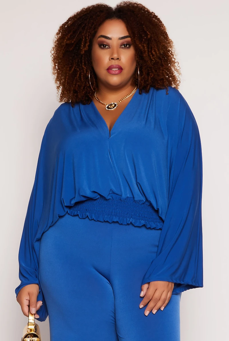 Plus Smocked Hem Bell Sleeve Blouse