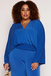 Plus Smocked Hem Bell Sleeve Blouse