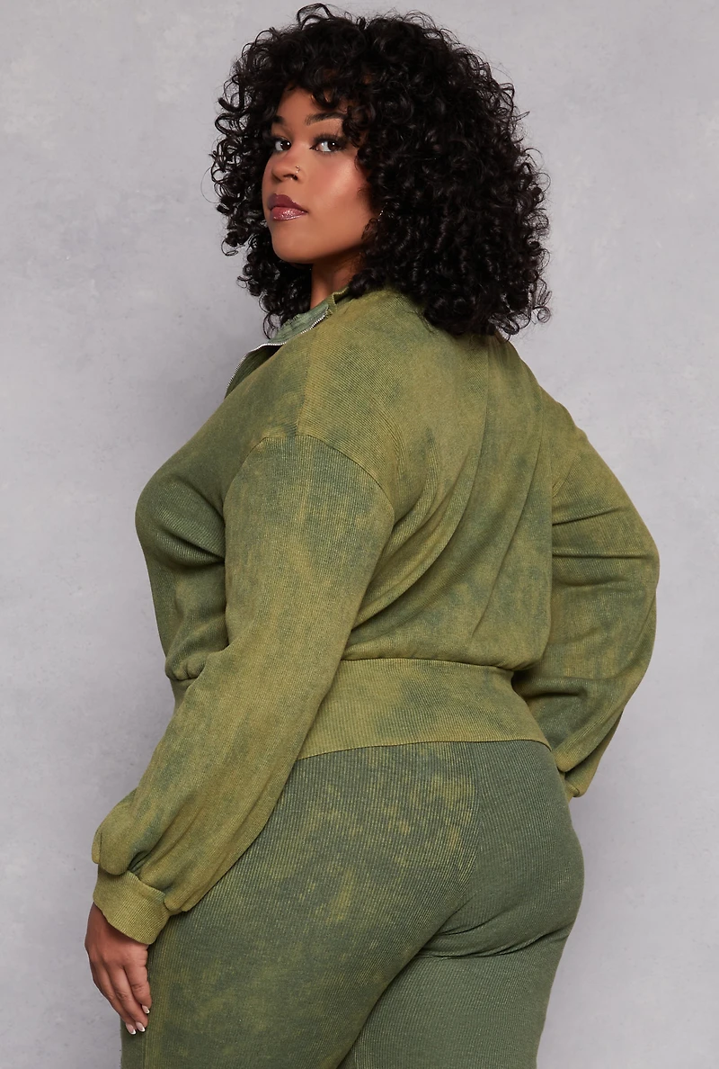 Plus Acid Wash Zip Front Top