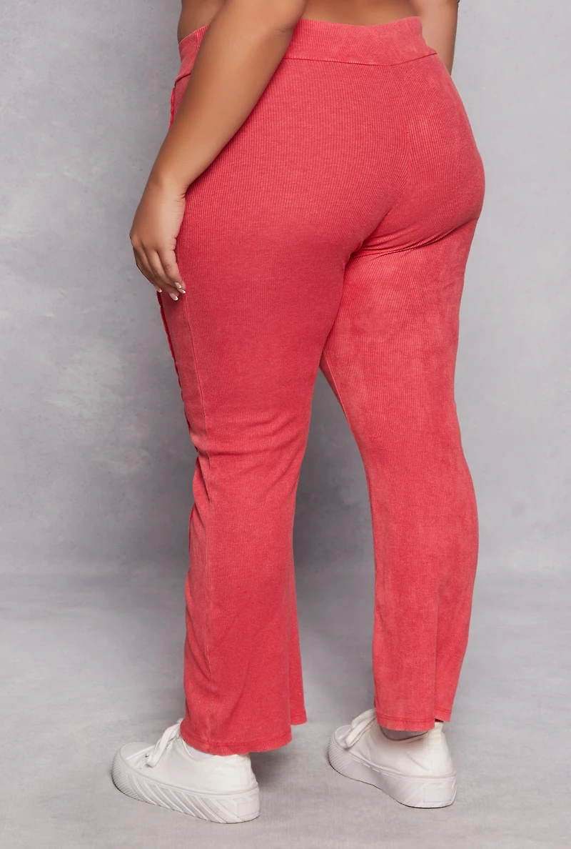 Womens Plus Size Acid Wash Pintuck Flare Pants, Red, Size 3X
