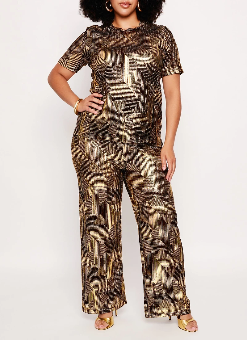 Plus Patterned Foil Screen Wide Leg Pants