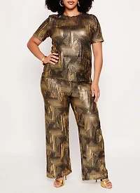 Plus Patterned Foil Screen Wide Leg Pants