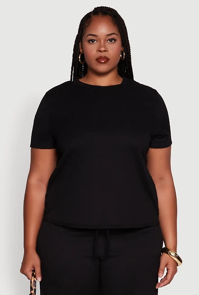 Plus Textured Knit Solid Crew Neck Blouse