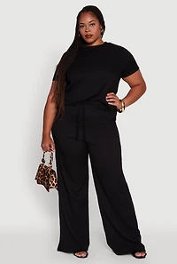 Womens Plus Textured Knit Solid Crew Neck Blouse,