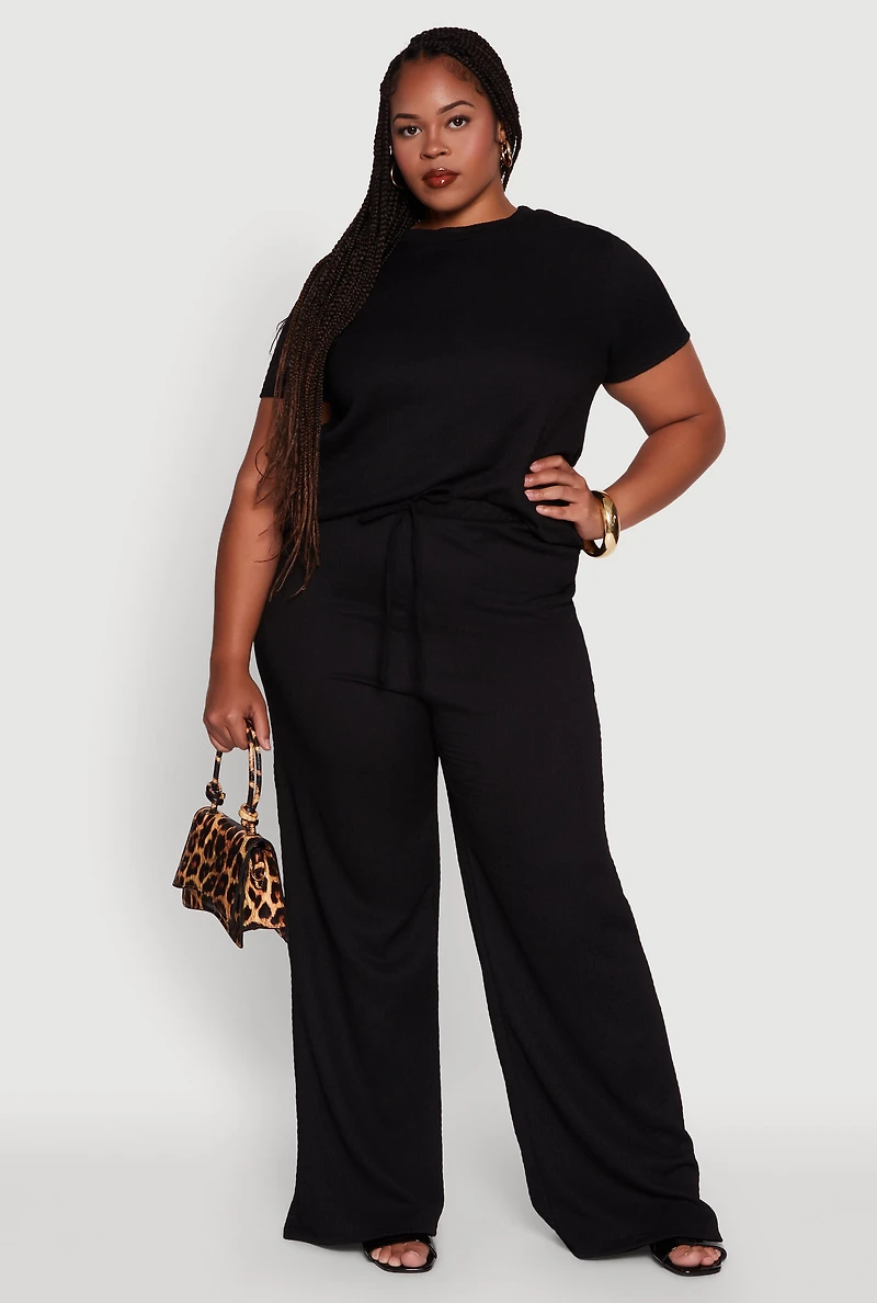 Plus Textured Knit Solid Crew Neck Blouse