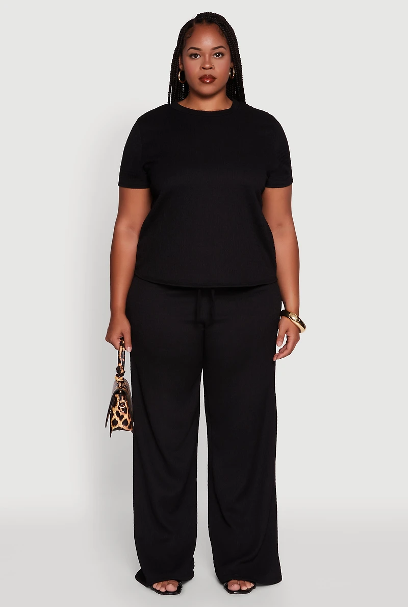 Womens Plus Textured Knit Solid Crew Neck Blouse,