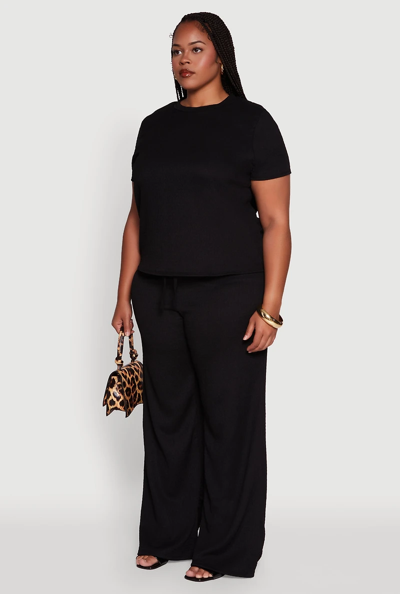Womens Plus Textured Knit Solid Crew Neck Blouse,