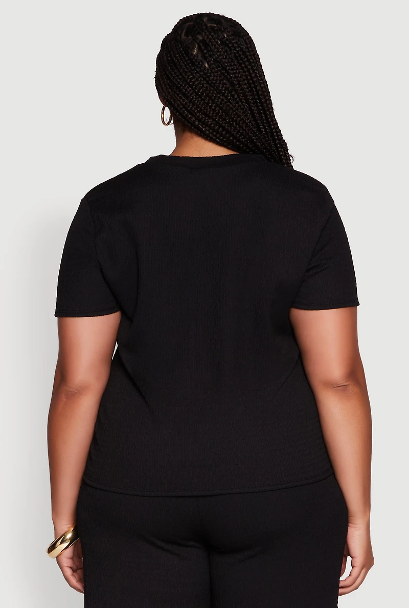 Plus Textured Knit Solid Crew Neck Blouse