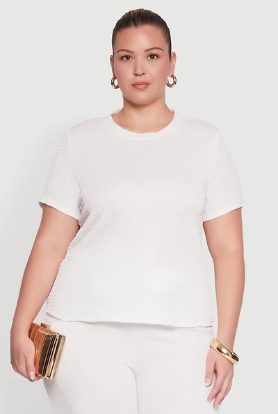 Womens Plus Size Textured Knit Solid Crew Neck Blouse, White, Size 2X