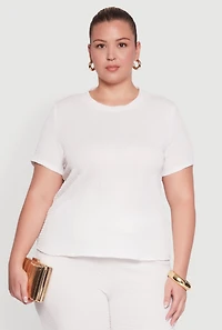 Womens Plus Size Textured Knit Solid Crew Neck Blouse, White, Size 2X