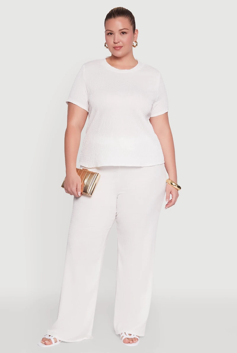 Womens Plus Size Textured Knit Solid Crew Neck Blouse, White, Size 1X