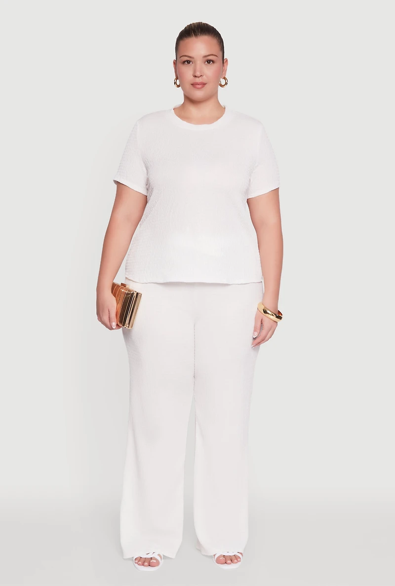 Womens Plus Size Textured Knit Solid Crew Neck Blouse, White, Size 2X