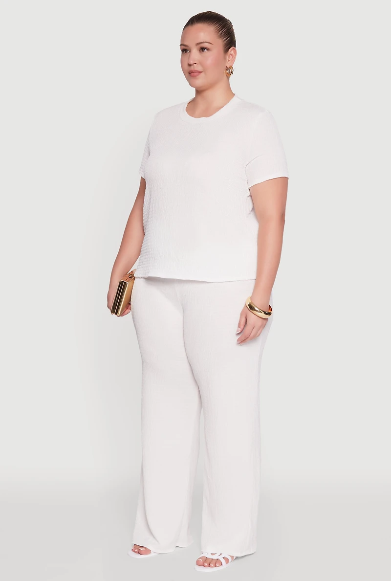 Womens Plus Size Textured Knit Solid Crew Neck Blouse, White, Size 1X