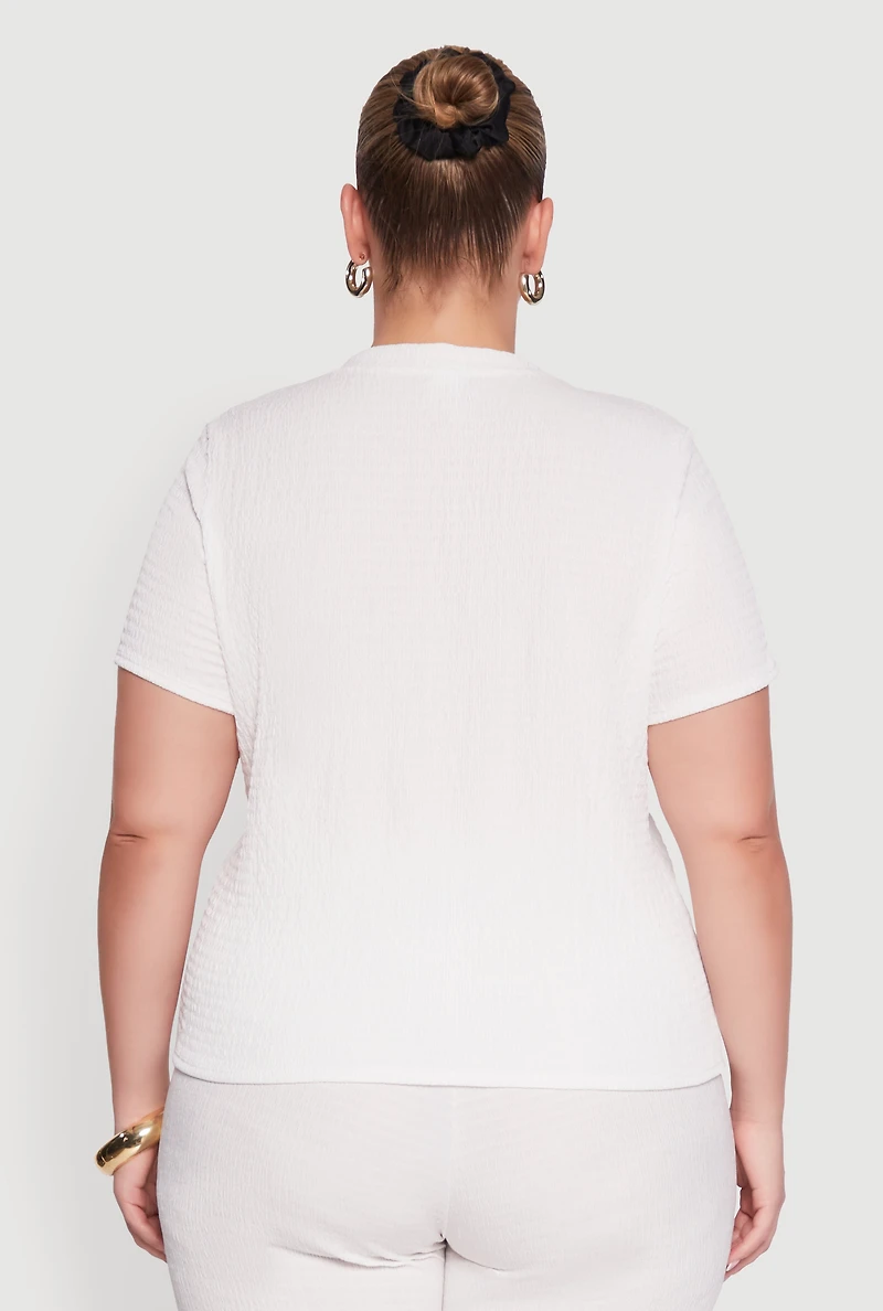 Womens Plus Size Textured Knit Solid Crew Neck Blouse, White, Size 2X