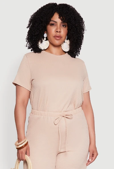 Womens Plus Textured Knit Solid Crew Neck Blouse,