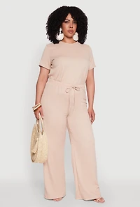 Womens Plus Size Textured Knit Solid Crew Neck Blouse, Beige, Size 2X