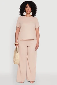 Womens Plus Size Textured Knit Solid Crew Neck Blouse, Beige, Size 2X