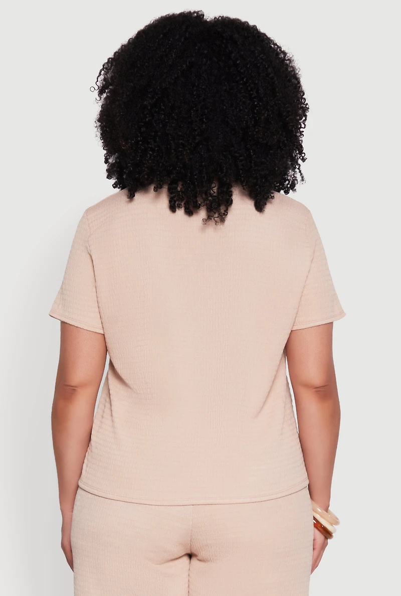 Womens Plus Size Textured Knit Solid Crew Neck Blouse, Beige, Size 2X