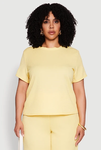 Womens Plus Size Textured Knit Solid Crew Neck Blouse, Yellow, Size 1X