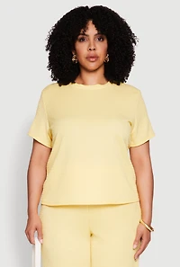Womens Plus Size Textured Knit Solid Crew Neck Blouse, Yellow, Size 1X