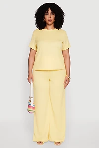 Womens Plus Size Textured Knit Solid Crew Neck Blouse, Yellow, Size 1X