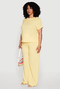 Womens Plus Size Textured Knit Solid Crew Neck Blouse, Yellow, Size 1X