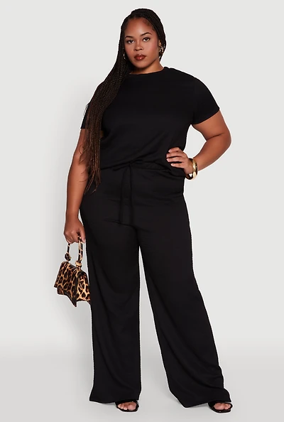 Womens Plus Textured Knit Solid Wide Leg Pants,