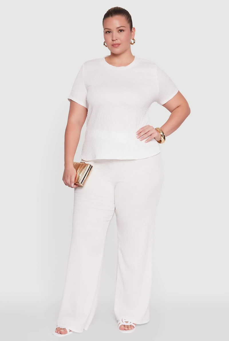 Womens Plus Size Textured Knit Solid Wide Leg Pants, White, Size 2X