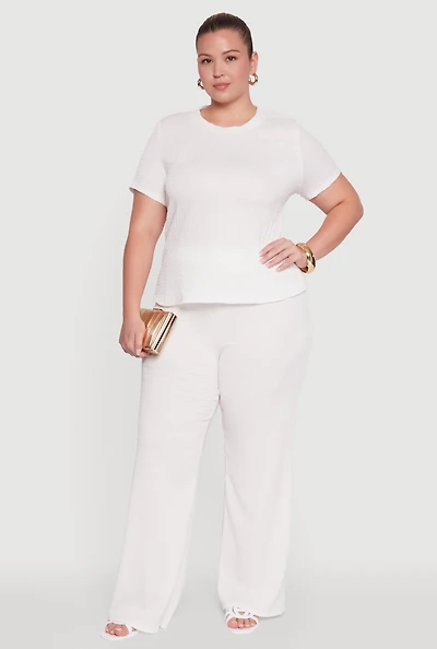 Womens Plus Size Textured Knit Solid Wide Leg Pants, White, Size 2X