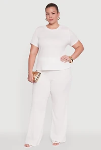 Womens Plus Size Textured Knit Solid Wide Leg Pants, White, Size 2X