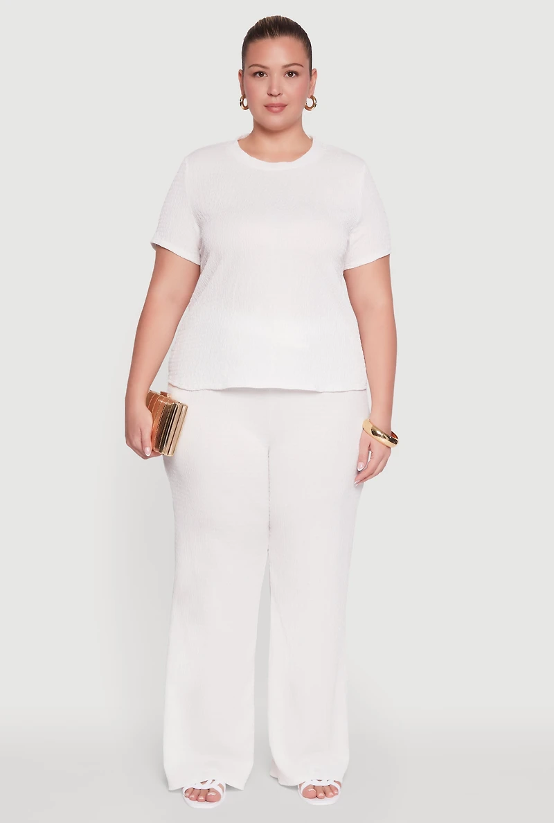 Womens Plus Size Textured Knit Solid Wide Leg Pants, White, Size 1X