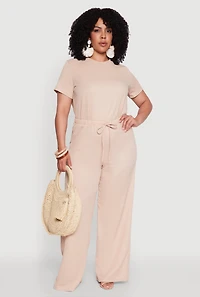 Womens Plus Textured Knit Solid Wide Leg Pants, 1X