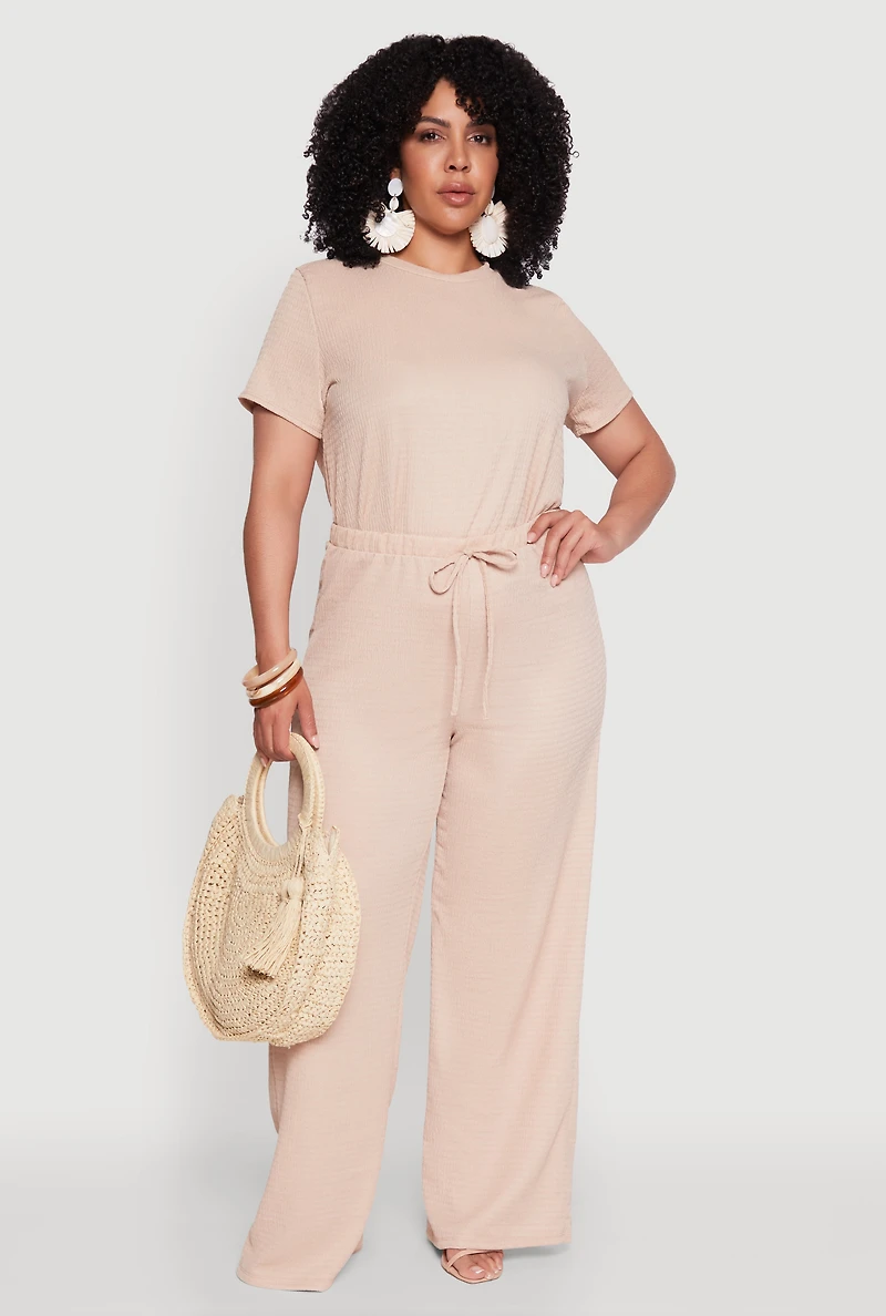 Plus Textured Knit Solid Wide Leg Pants