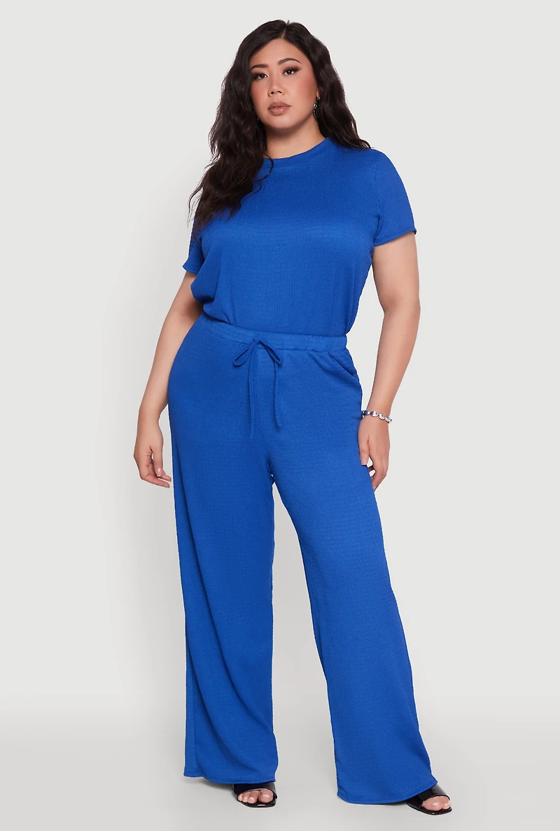 Womens Plus Textured Knit Solid Wide Leg Pants,