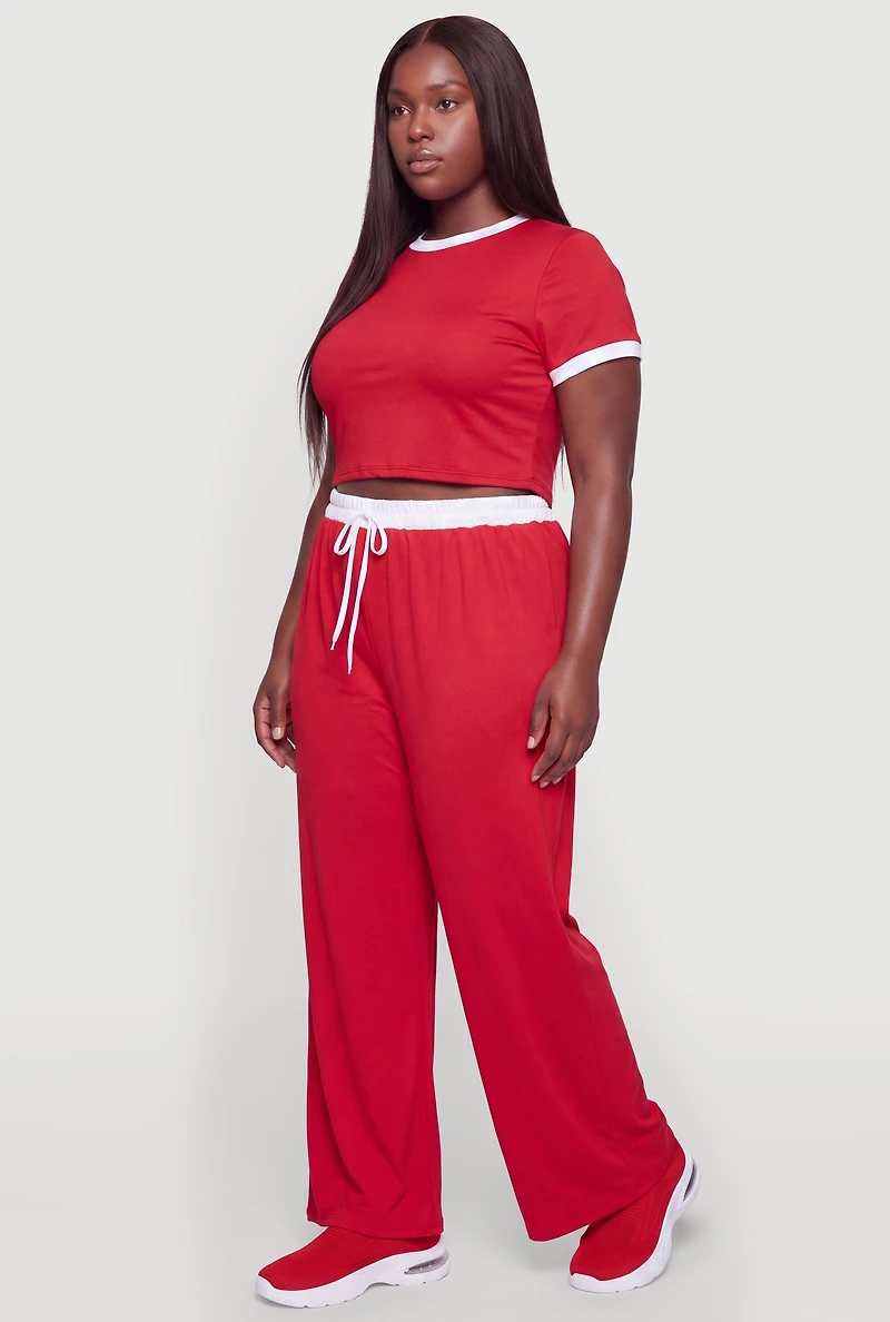 Plus Contrast Waistband Wide Leg Pants