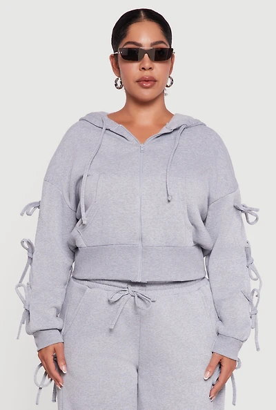 Womens Plus Size Zip Front Hooded Sweatshirt with Side Ties, Grey, Size 1X