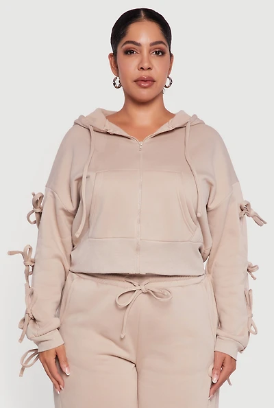 Womens Plus Size Zip Front Hooded Sweatshirt with Side Ties, Beige, Size 3X