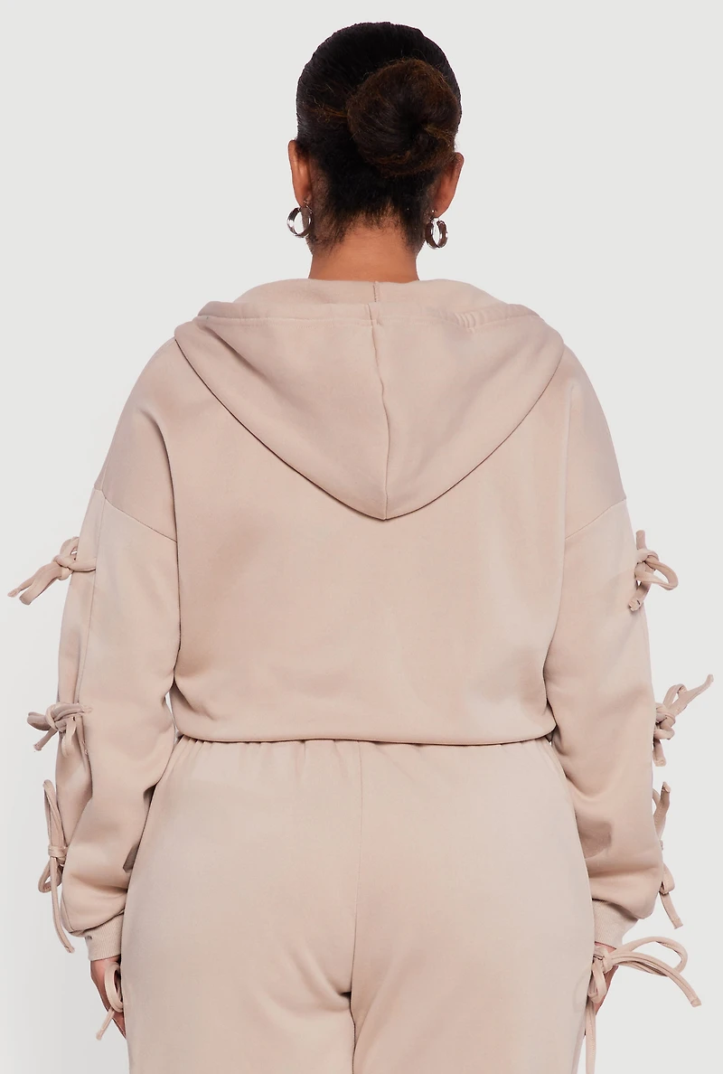 Womens Plus Size Zip Front Hooded Sweatshirt with Side Ties, Beige, Size 3X