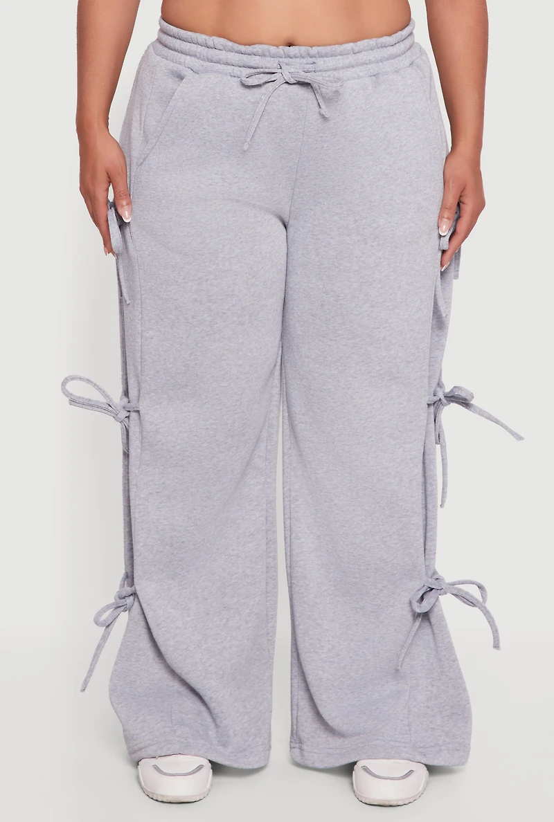 Womens Plus High Waisted Fleece Sweatpants with Side Ties, Grey,